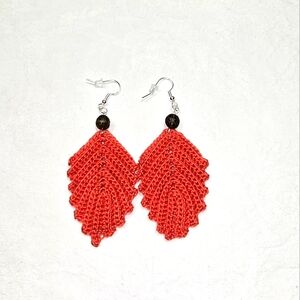 Handmade Elegant Coral Crochet Leaf Earrings